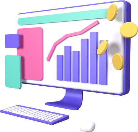 3D Computer with Sales Report Illustration 